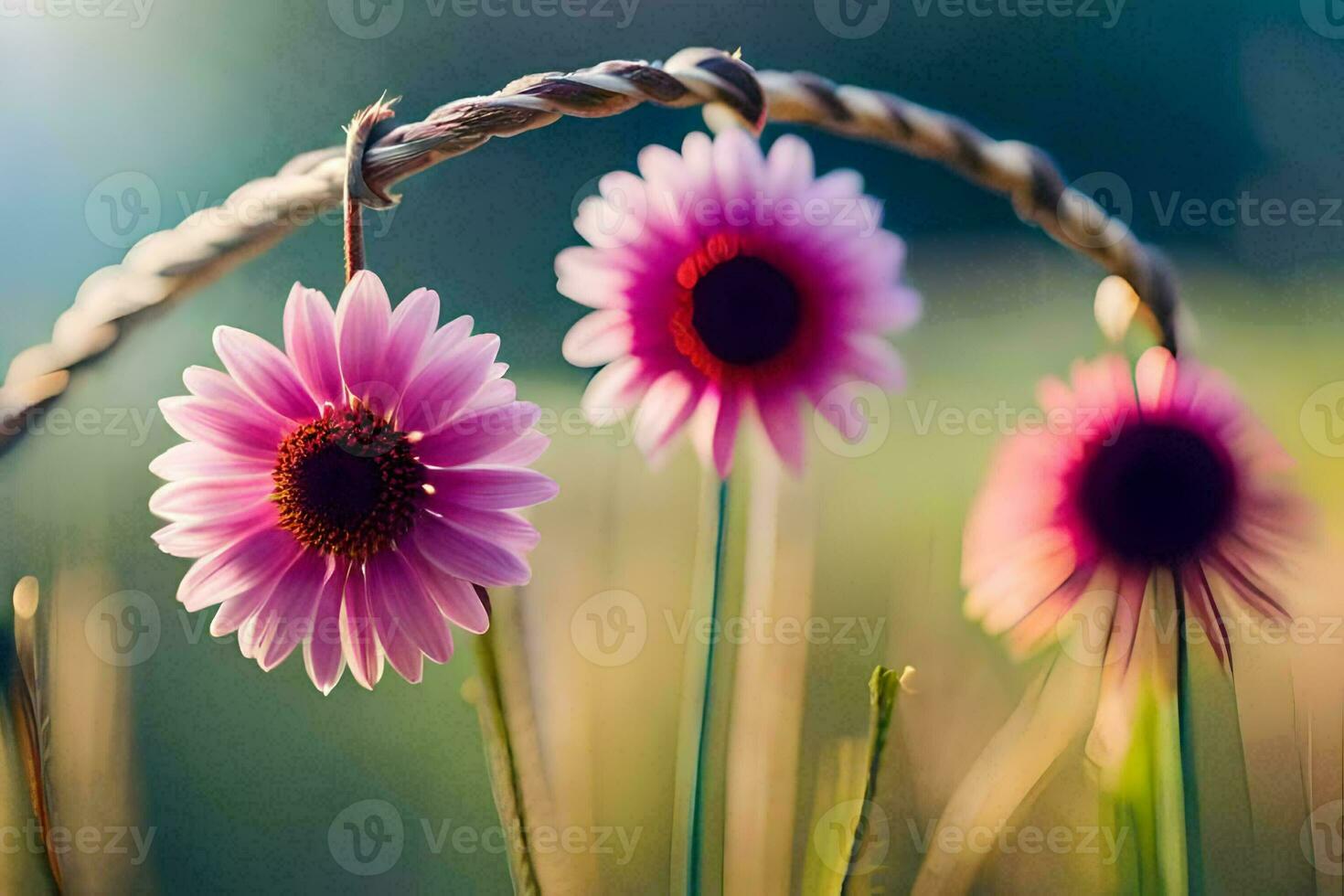 pink flowers hanging from a rope in a field. AI-Generated photo