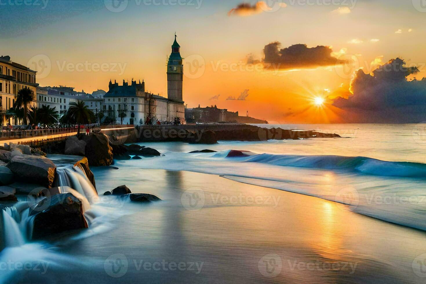 el Dom conjuntos terminado el Oceano y un edificio. generado por ai foto