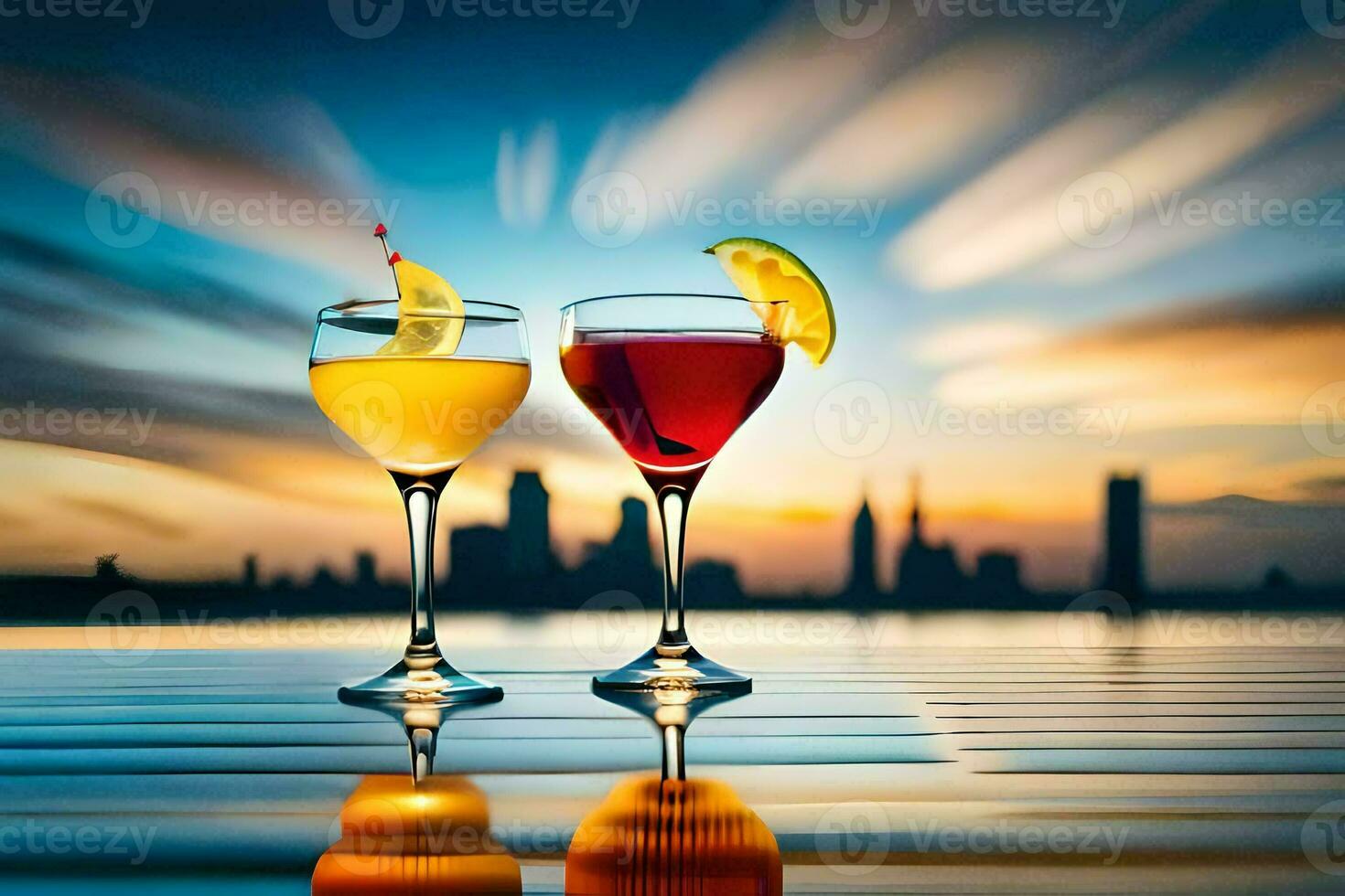 two glasses of cocktails with a city skyline in the background. AI-Generated photo