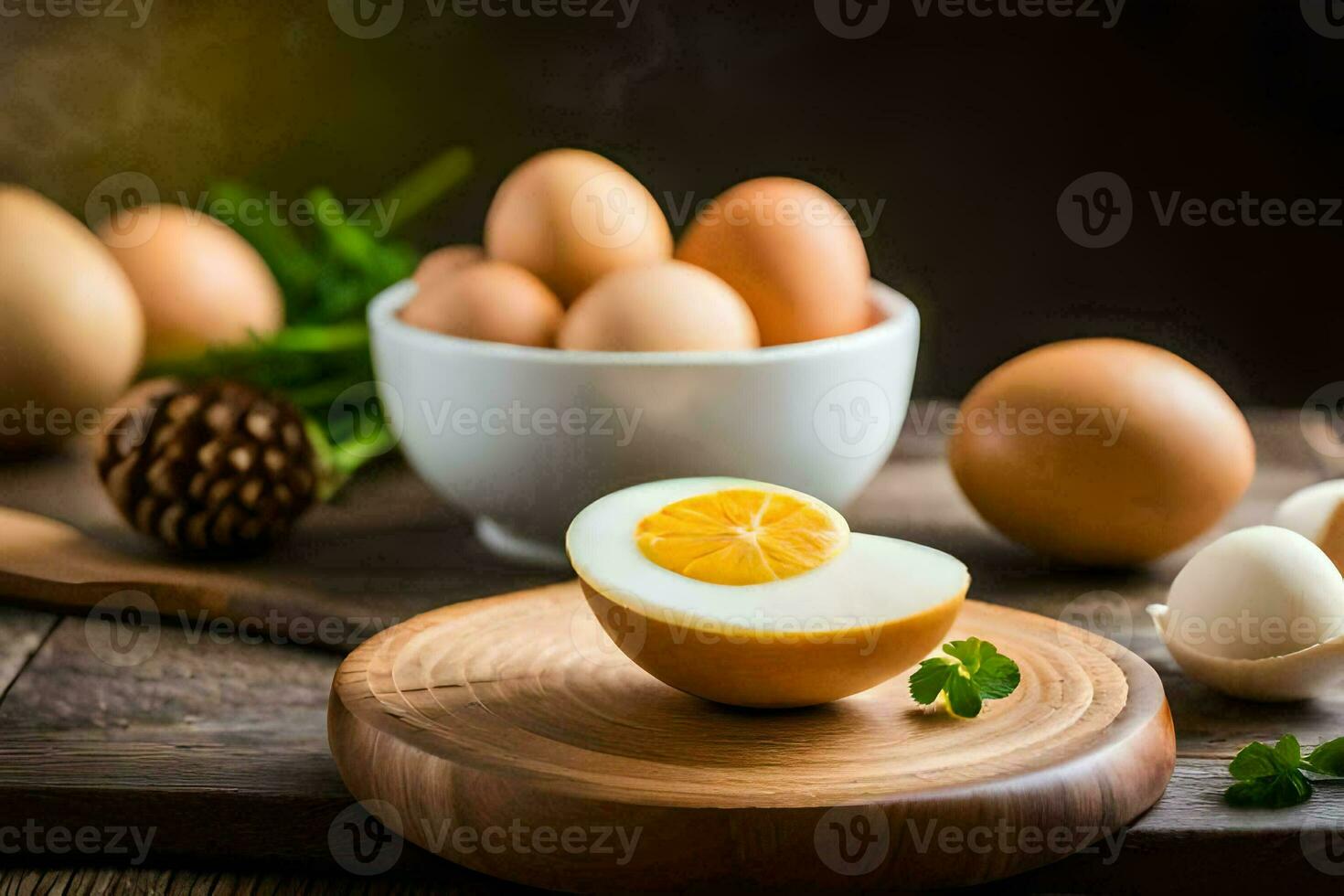 an egg on a cutting board with other eggs. AI-Generated photo