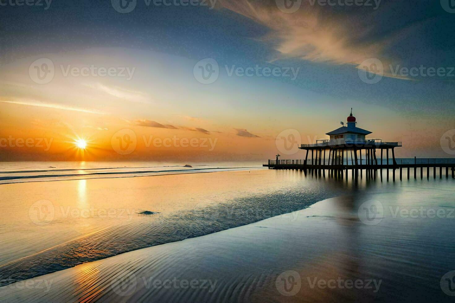 a pier with a lighthouse at sunset. AI-Generated photo