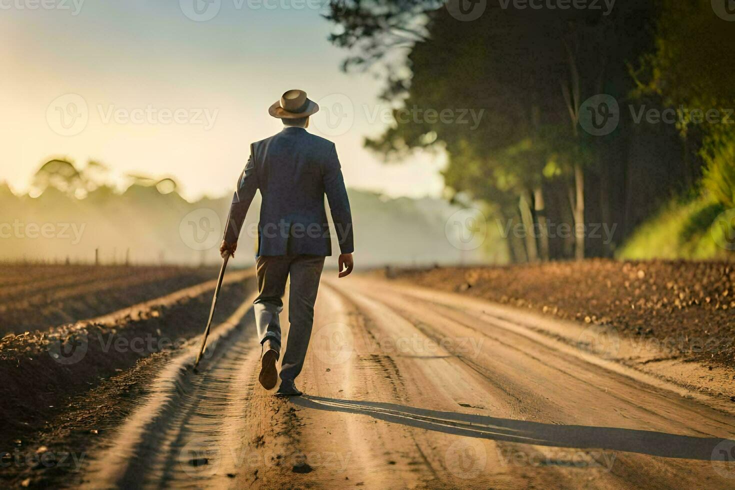 a man in a suit and hat walking down a dirt road. AI-Generated photo