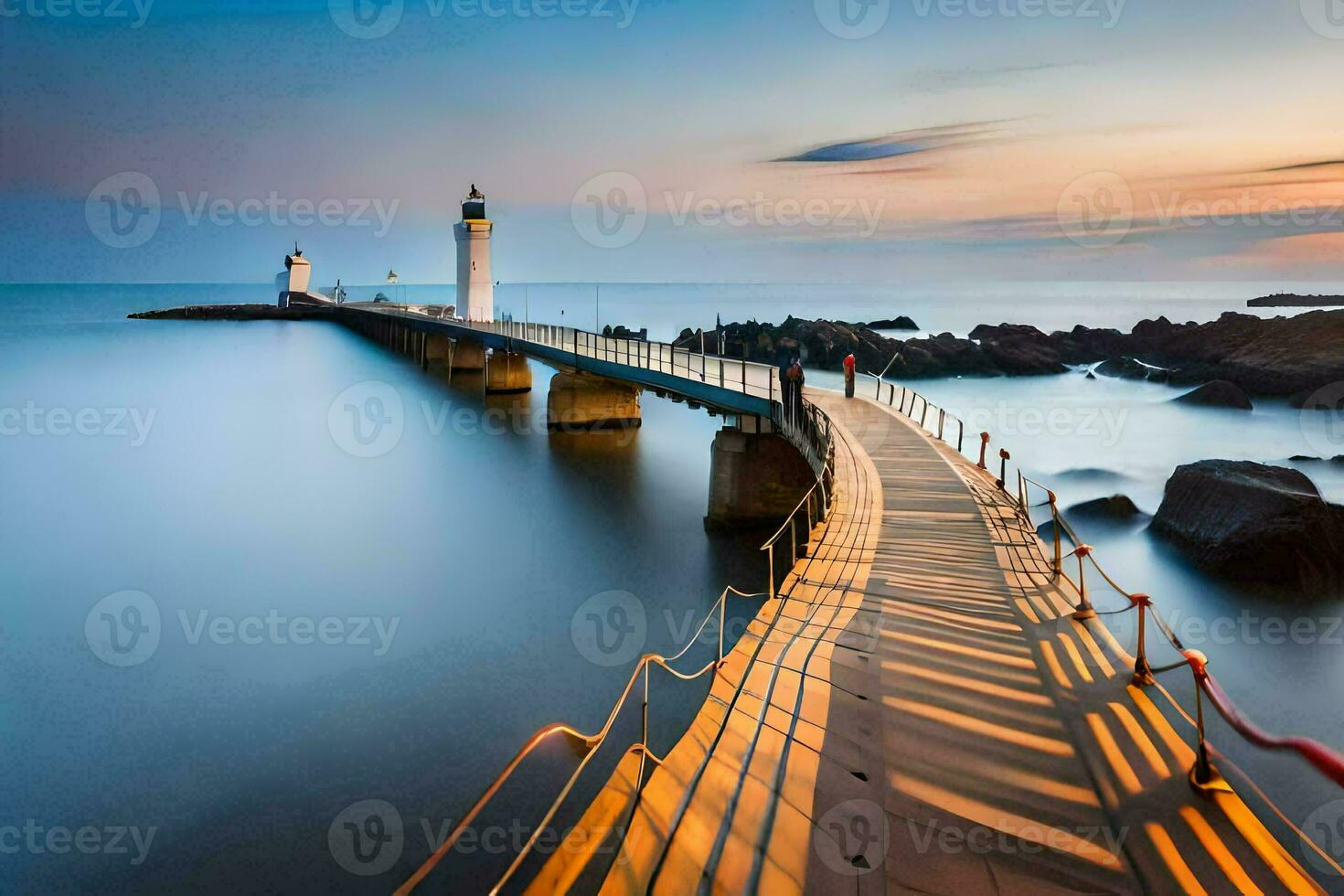 a long exposure photo of a pier at sunset. AI-Generated