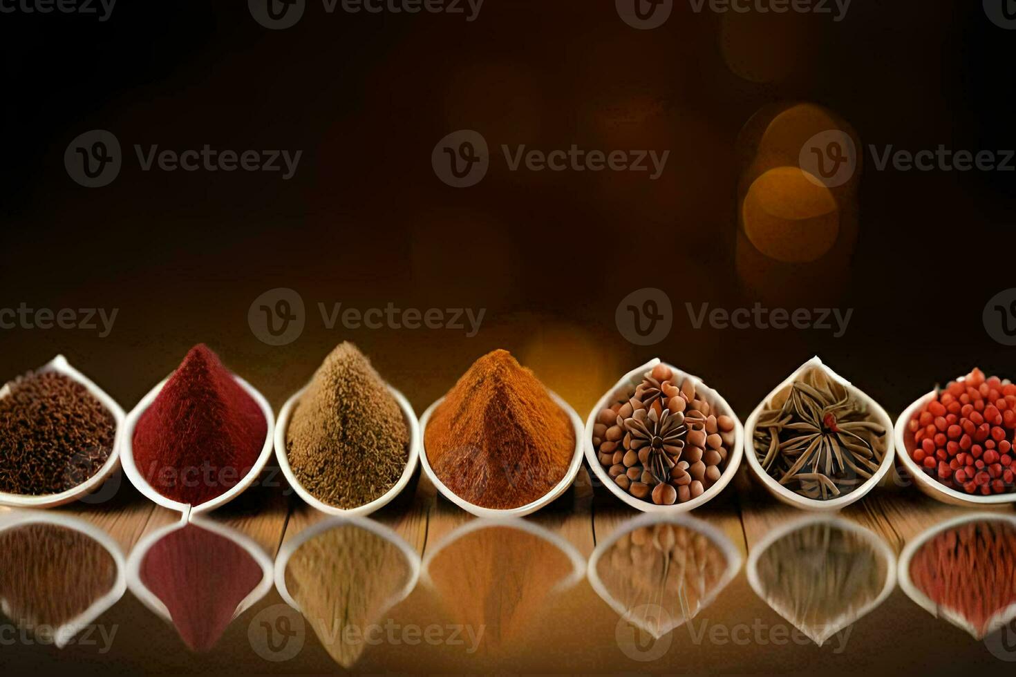 spices in a row on a wooden table. AI-Generated photo