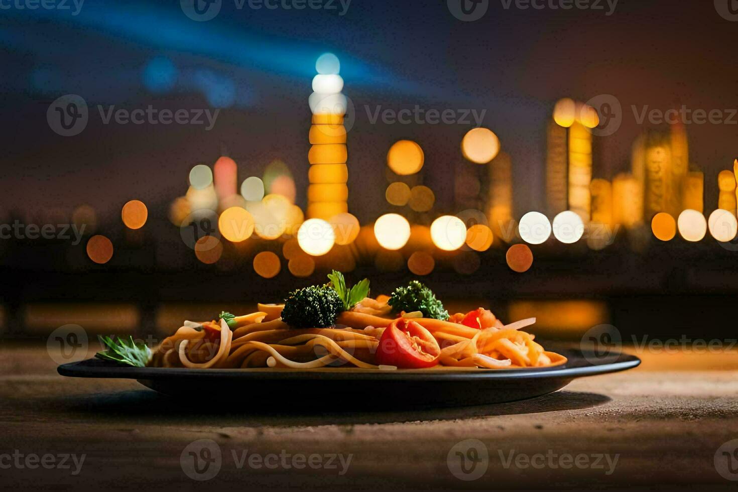 a plate of pasta with a cityscape in the background. AI-Generated photo