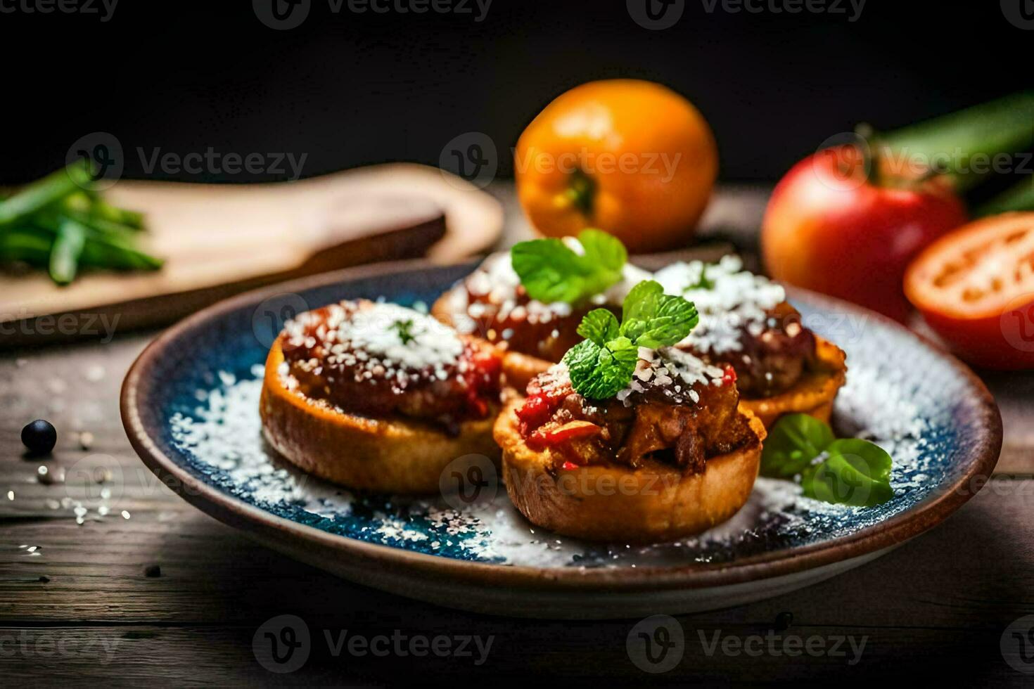 Tres relleno albóndigas en un plato con Tomates y hierbas. generado por ai foto