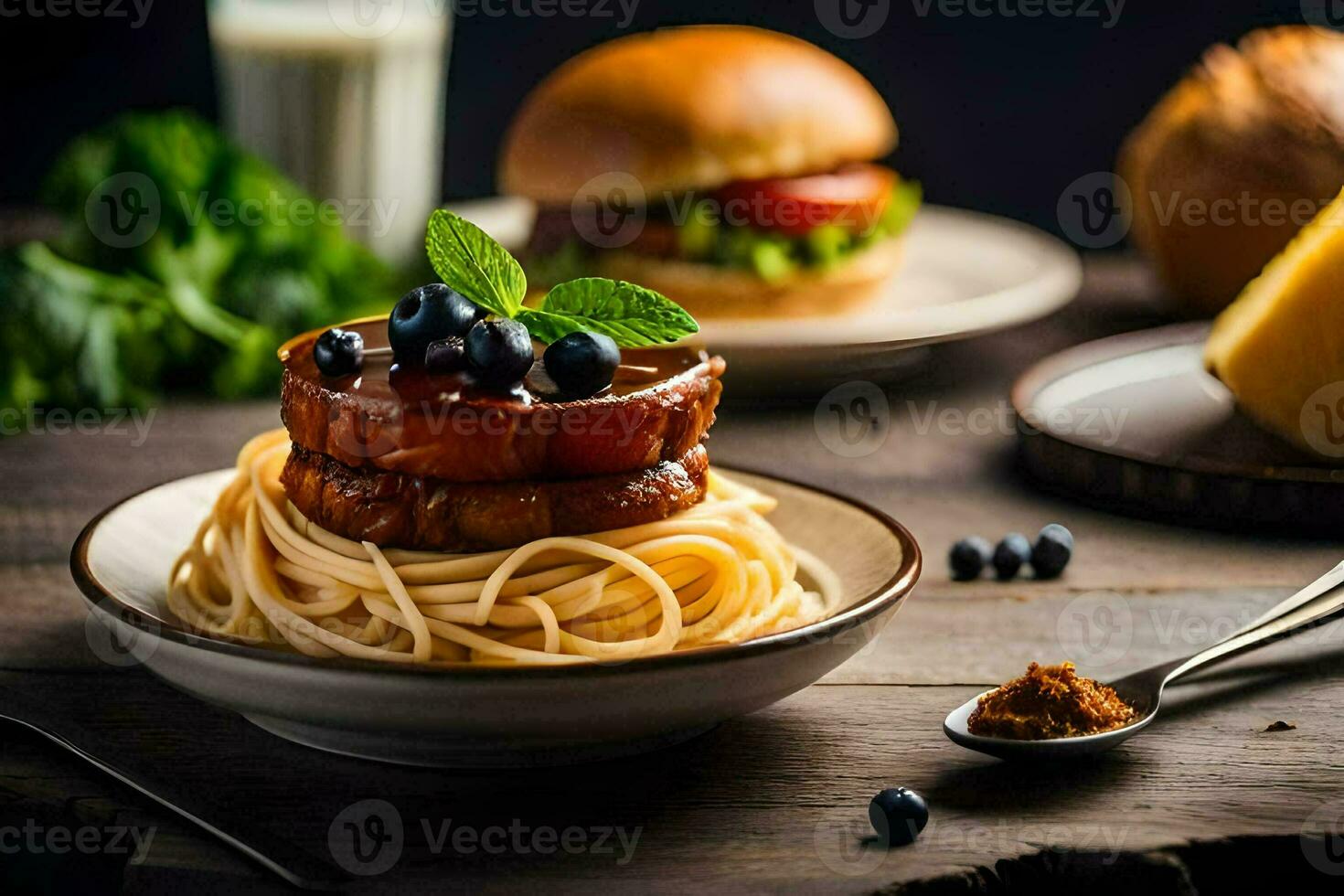 a plate of spaghetti with meat and blueberries. AI-Generated photo