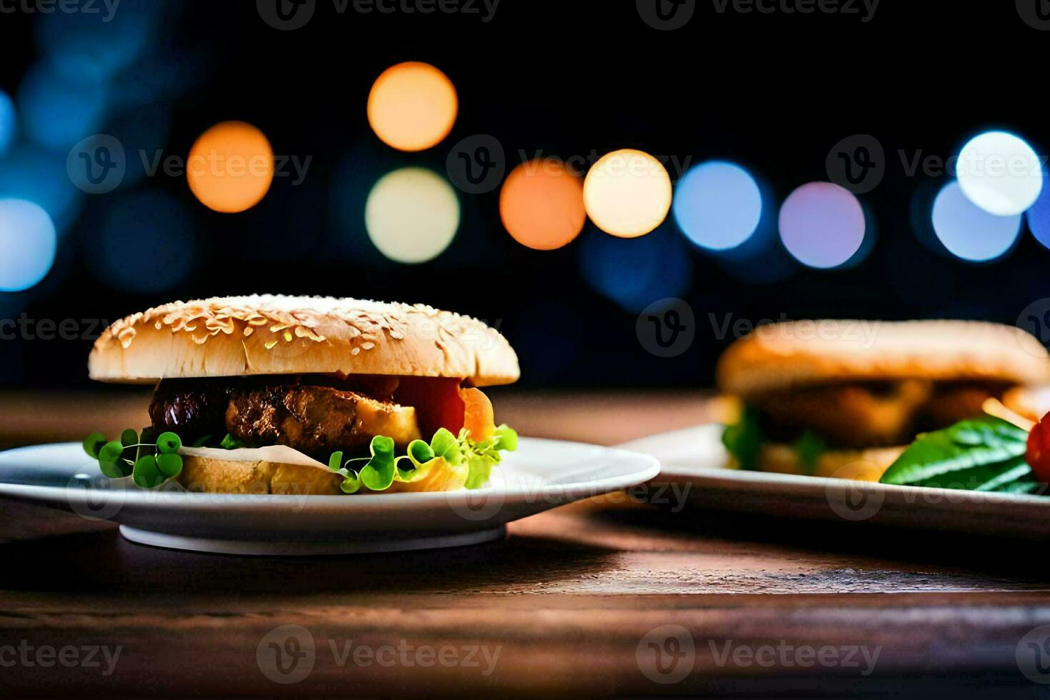 dos hamburguesas en un plato con un vaso de vino. generado por ai foto