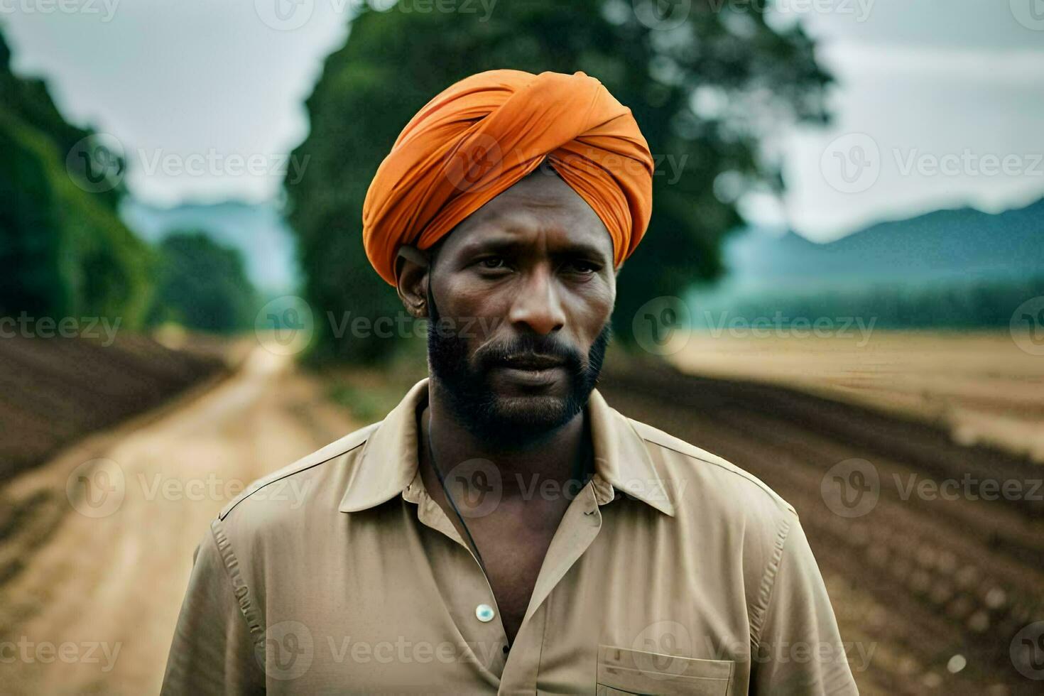 a man wearing an orange turban stands in a dirt road. AI-Generated photo