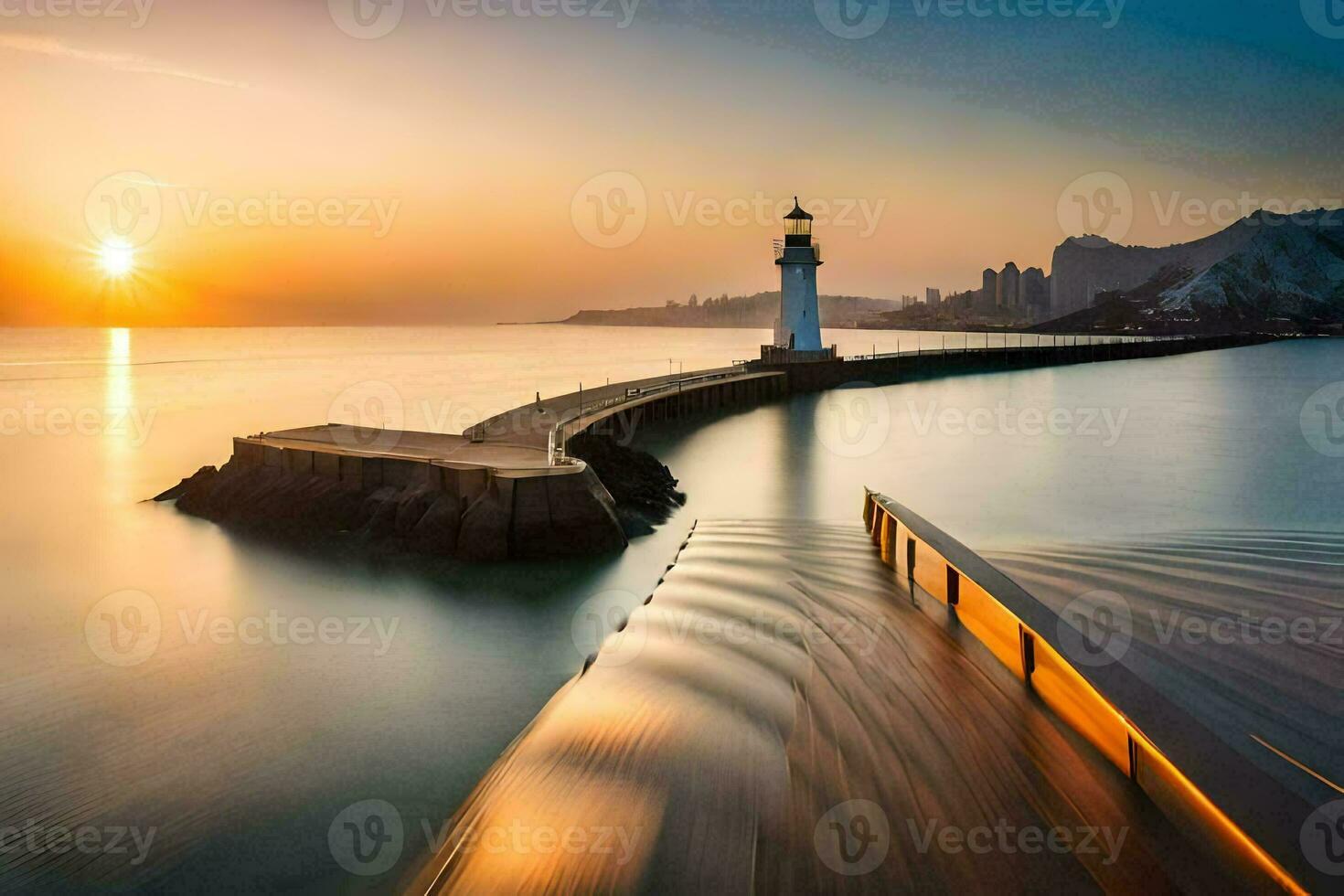 a lighthouse is seen at sunset in the water. AI-Generated photo