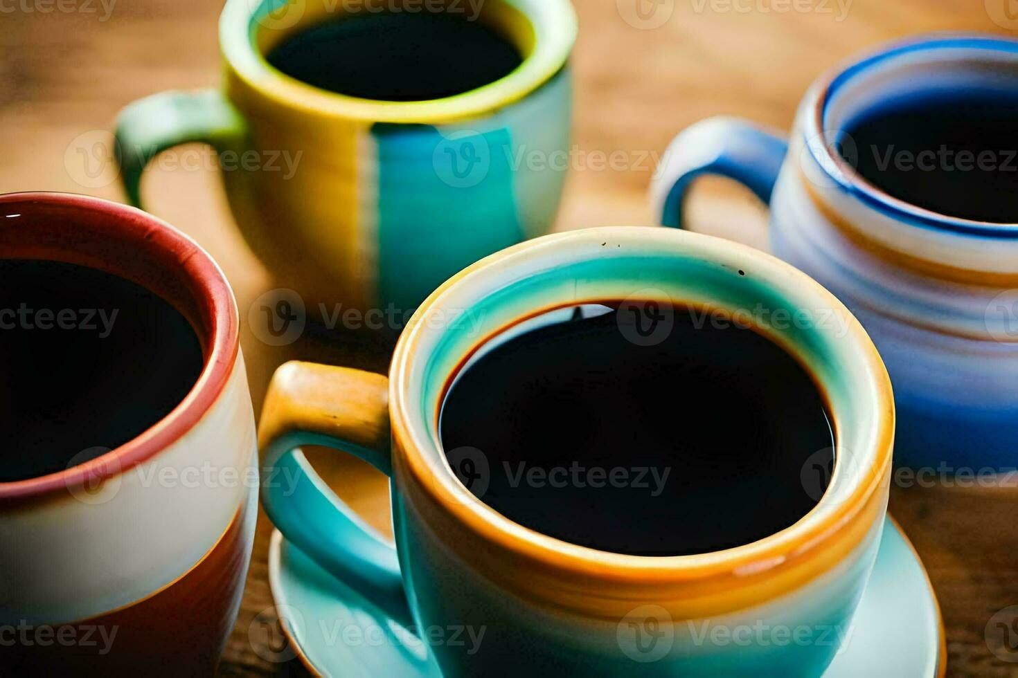 four colorful coffee cups sit on a wooden table. AI-Generated photo