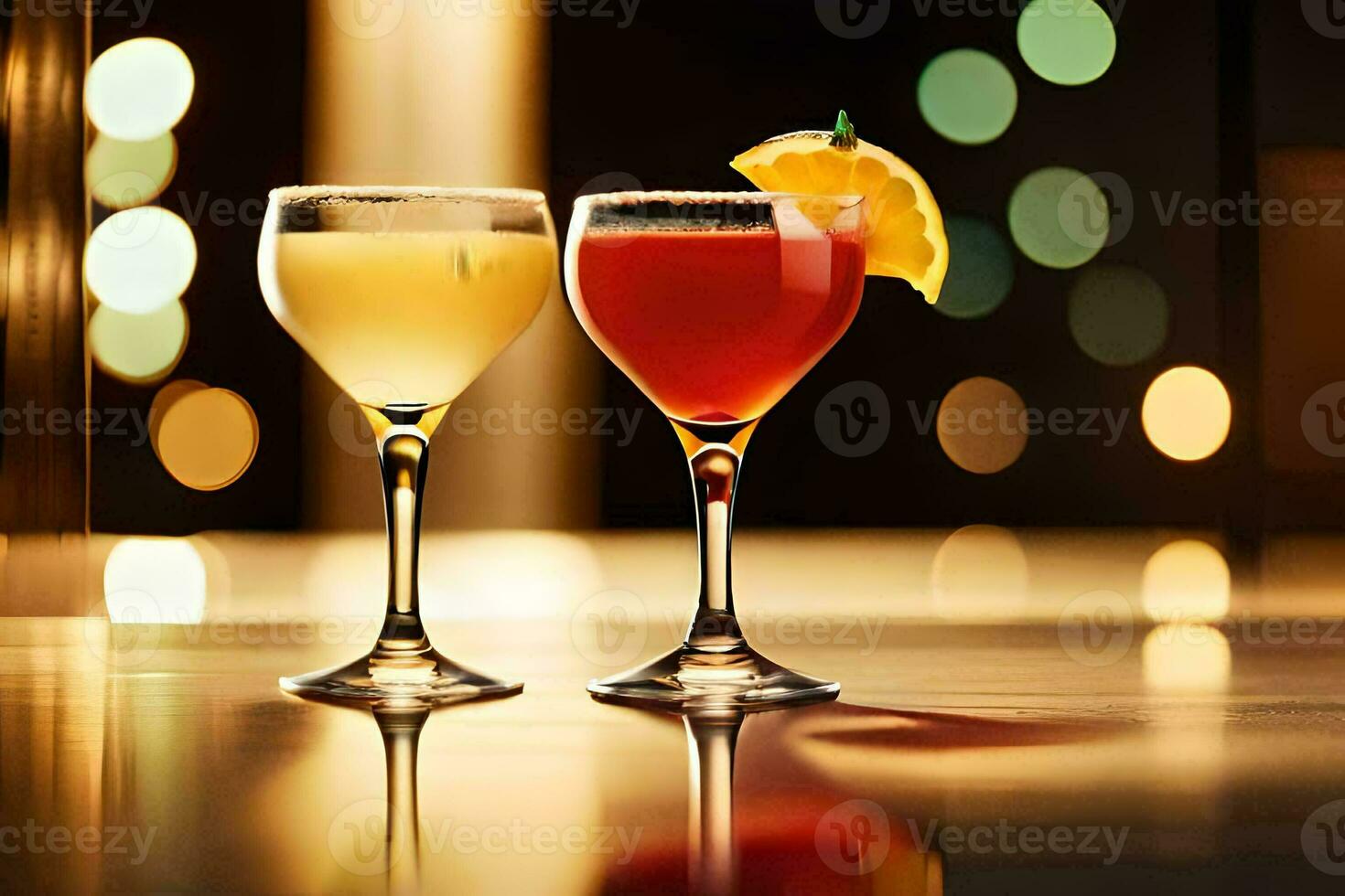 two glasses of cocktails on a table with lights in the background. AI-Generated photo