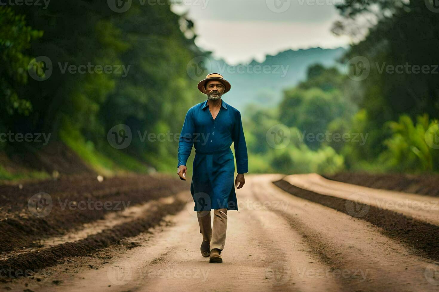 un hombre en un azul camisa y sombrero caminando abajo un suciedad la carretera. generado por ai foto