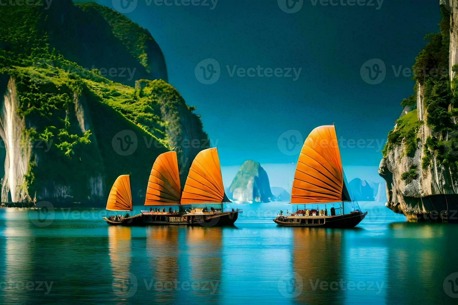 three boats with orange sails in the water. AI-Generated photo