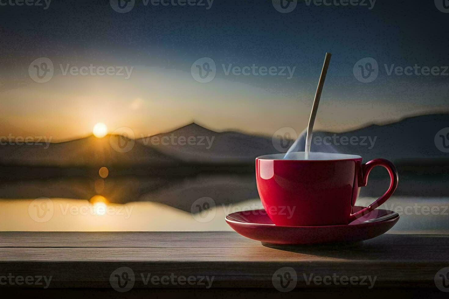 a red cup with a stick on a wooden table with a lake in the background. AI-Generated photo