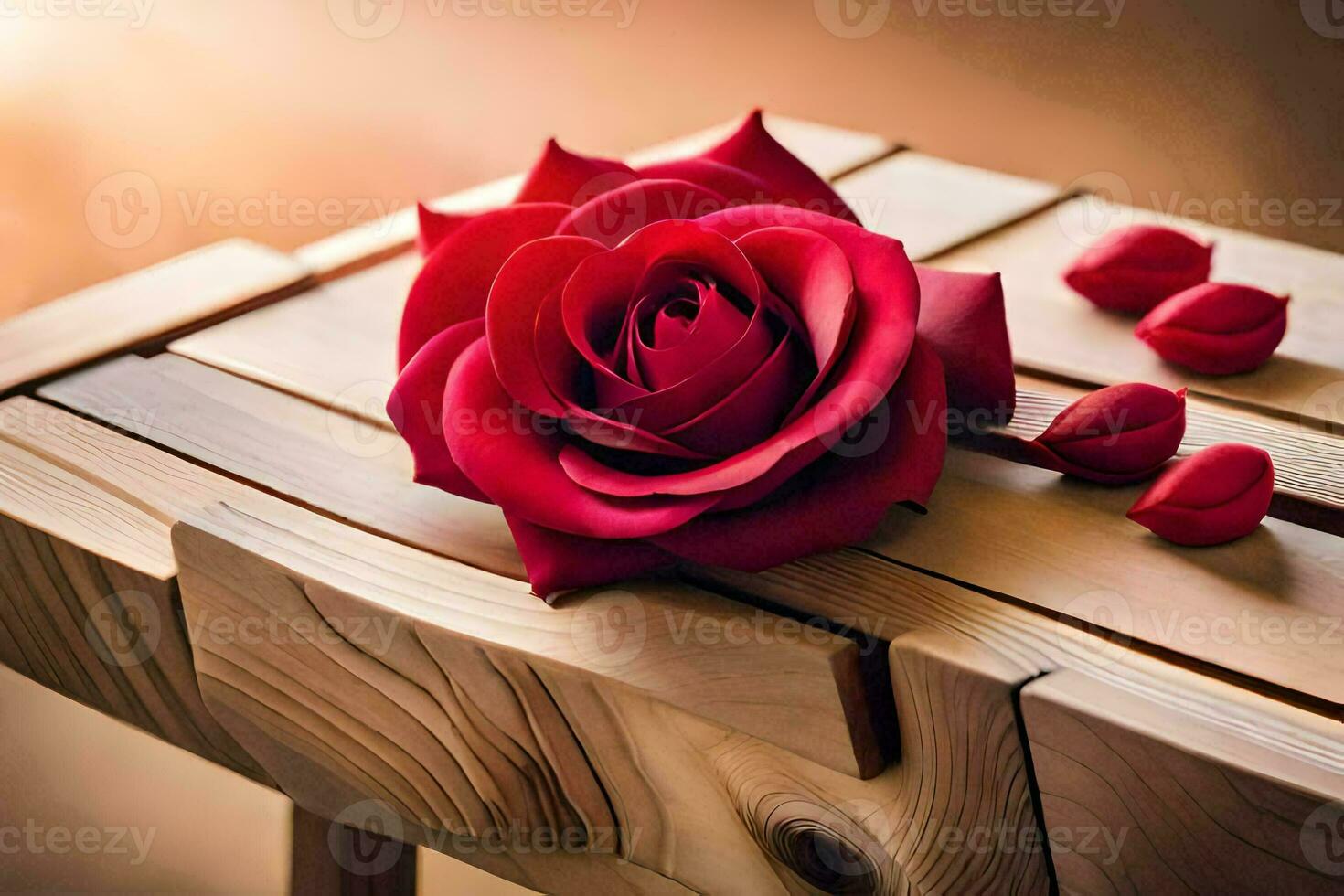 a red rose sits on top of a wooden bench. AI-Generated photo