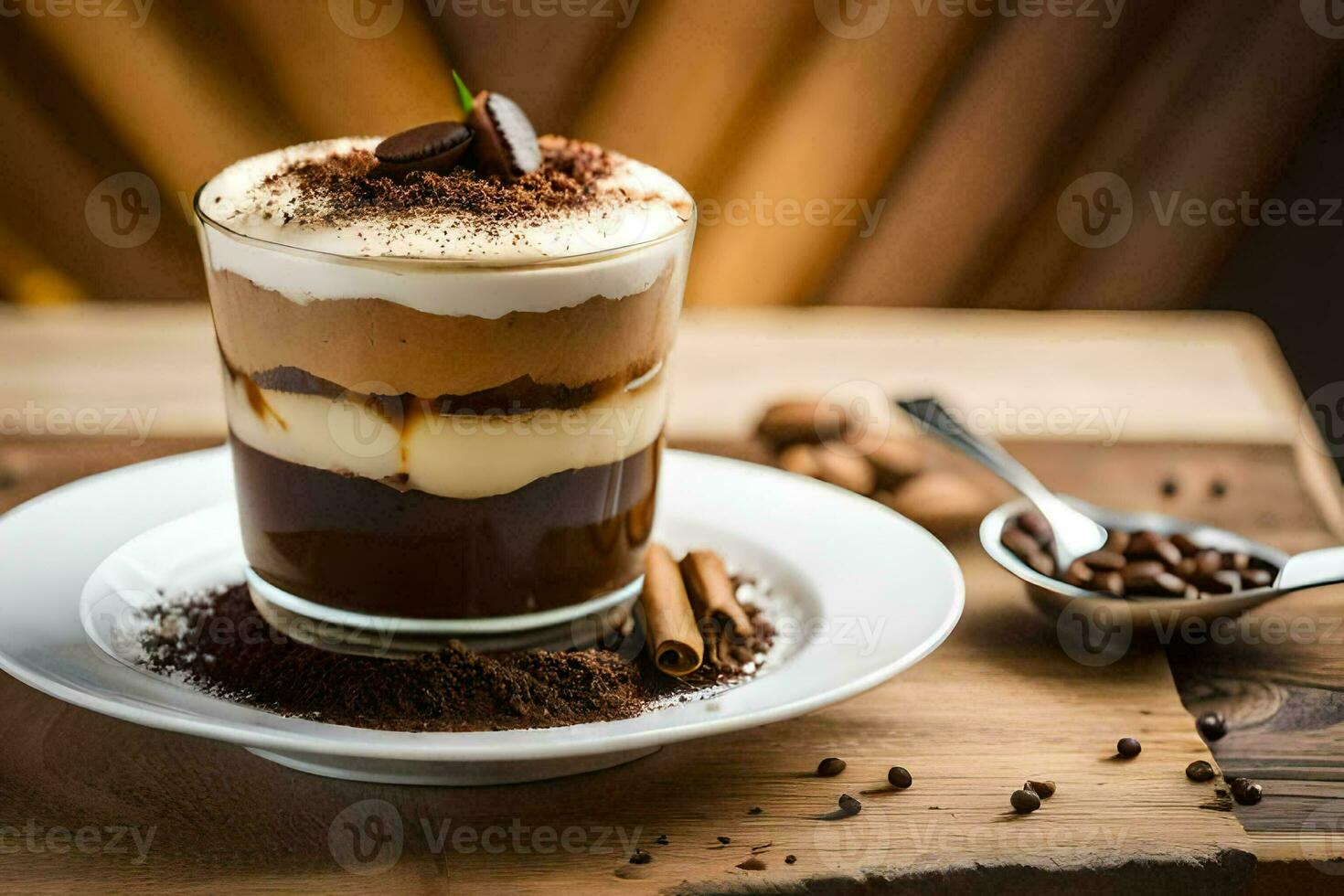 the coffee drink is served on a white plate with a spoon. AI-Generated photo