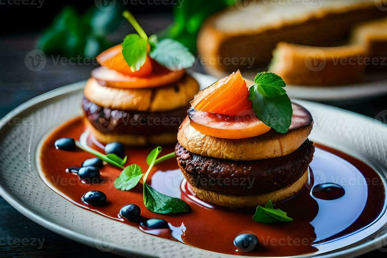 two small cakes with meat and sauce on a plate. AI-Generated photo