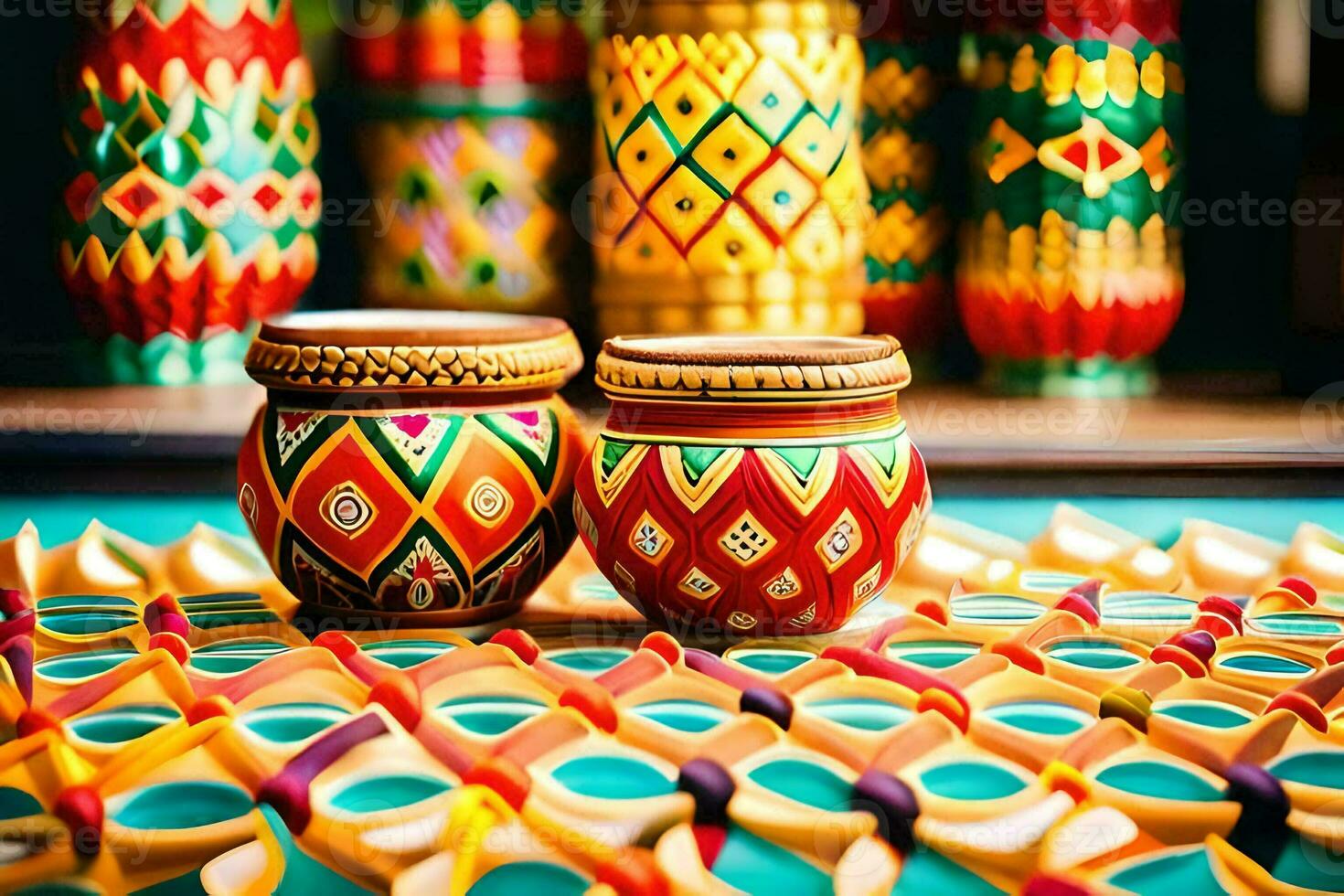 colorful decorative pots on a table. AI-Generated photo