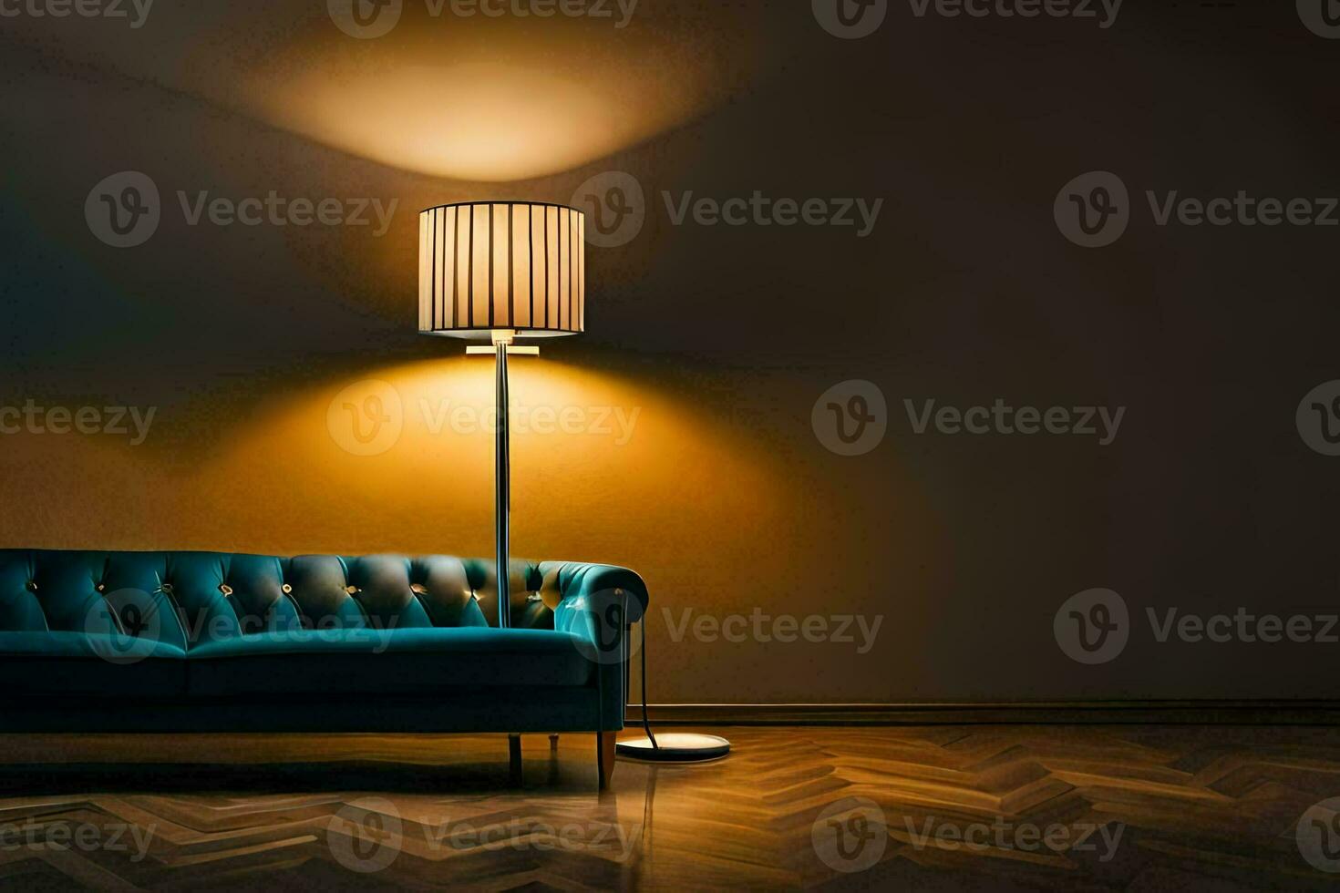 a blue couch in a room with a lamp. AI-Generated photo