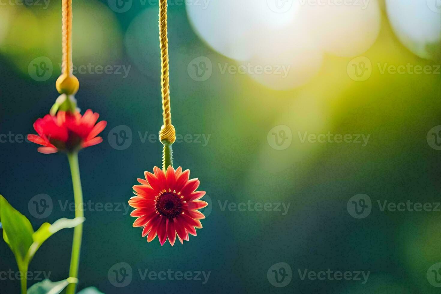 two red flowers hanging from a string. AI-Generated photo
