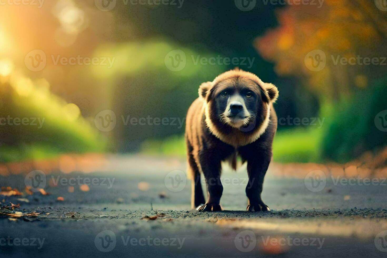 un oso caminando abajo un la carretera en el luz de sol. generado por ai foto