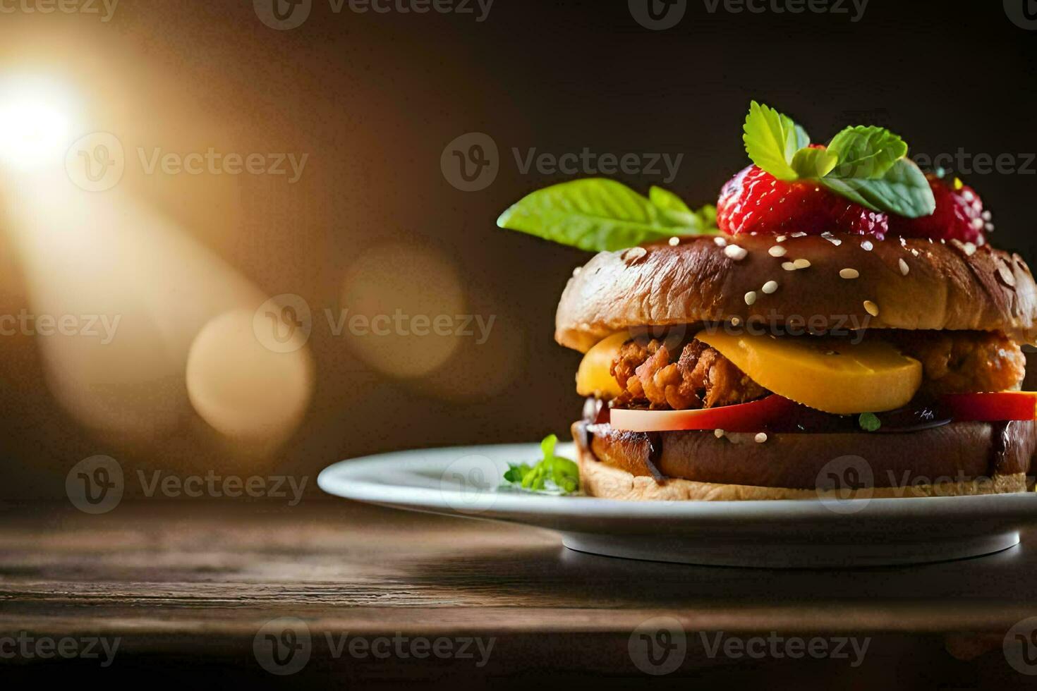a hamburger with strawberries and cheese on a plate. AI-Generated photo