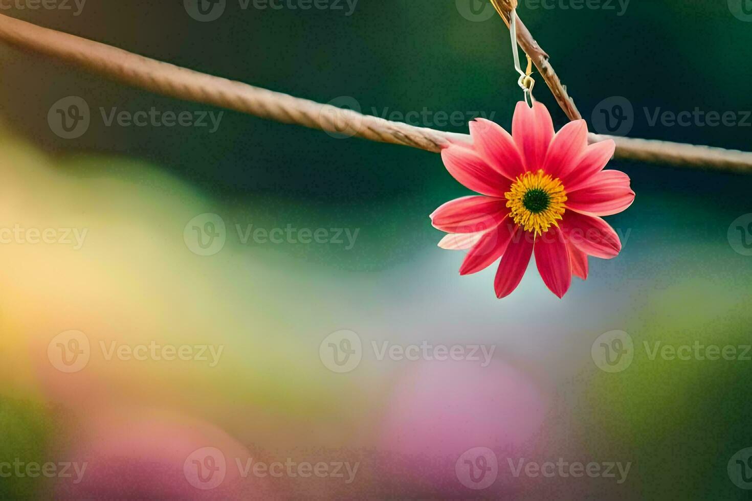 a pink flower is hanging from a wire. AI-Generated photo