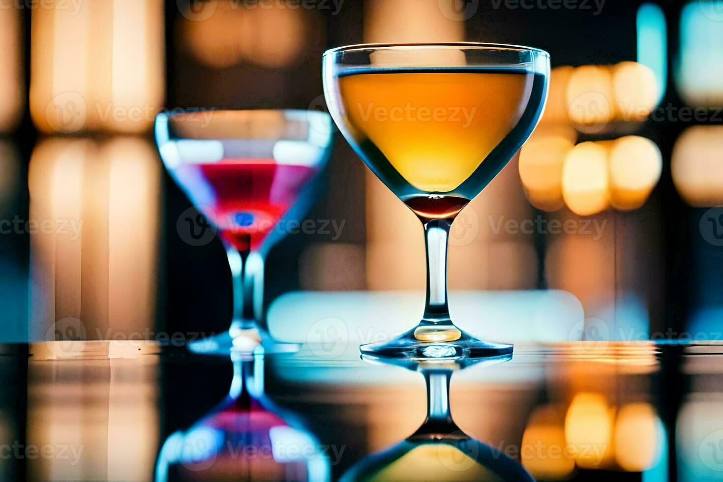 two glasses of alcohol are on a table. AI-Generated photo