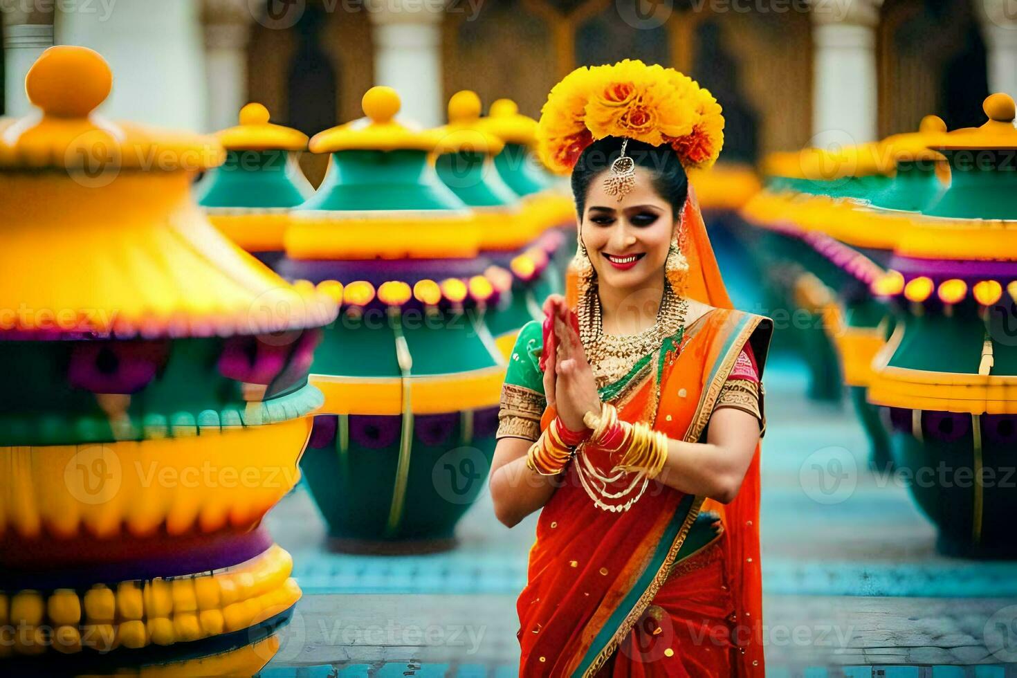 un mujer en un indio sari es posando para un foto. generado por ai foto