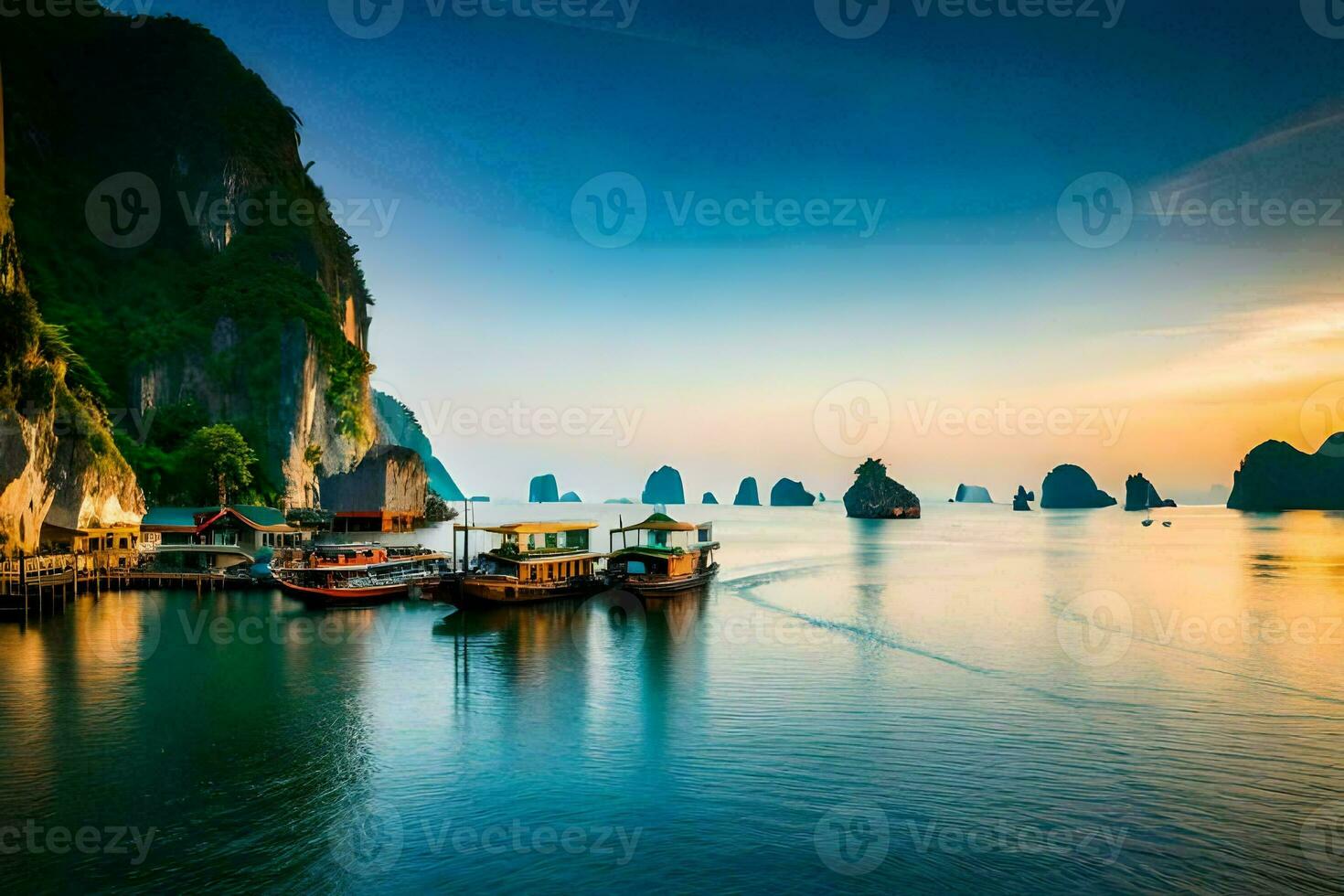 barcos en el agua a puesta de sol en Vietnam. generado por ai foto