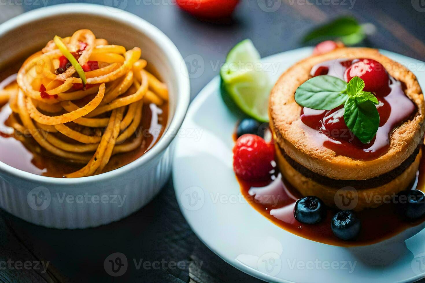 a plate with a dessert and a bowl of sauce. AI-Generated photo