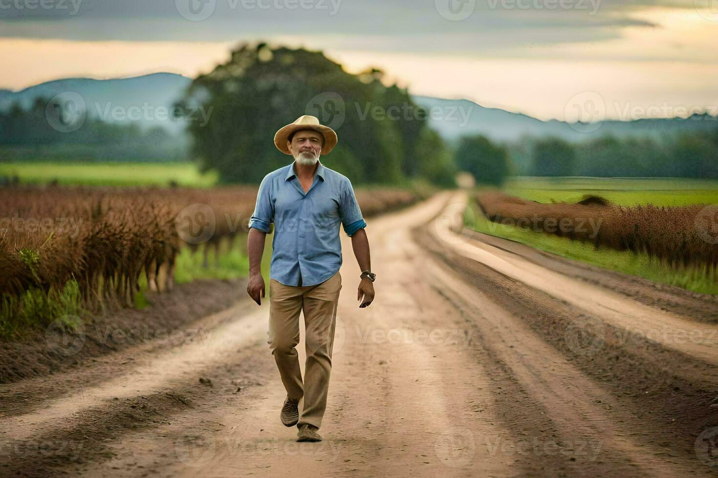 un más viejo hombre caminando abajo un suciedad la carretera. generado por ai foto