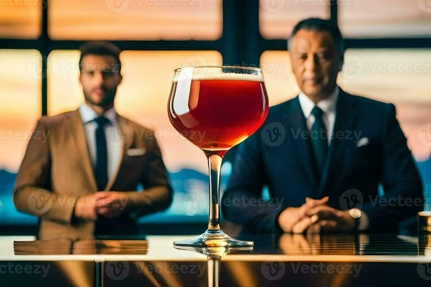 two men in suits standing next to a glass of red wine. AI-Generated photo