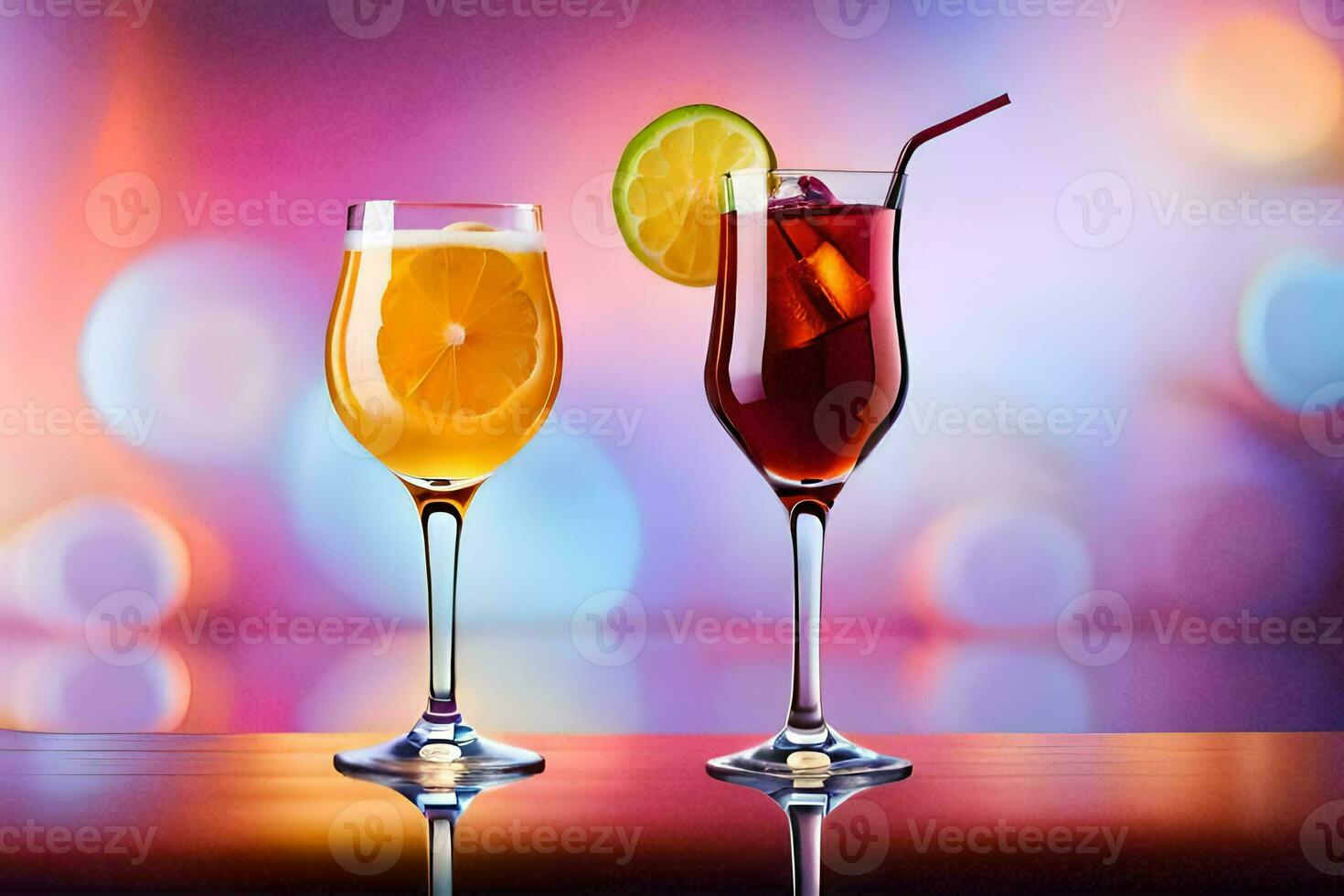 two glasses of cocktails with colorful lights in the background. AI-Generated photo