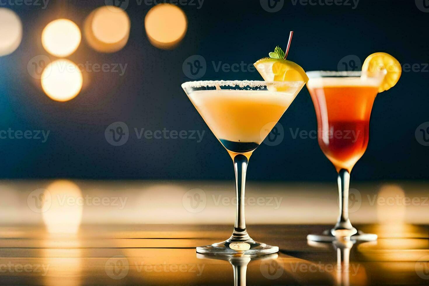 two cocktails on a table with blurred lights. AI-Generated photo