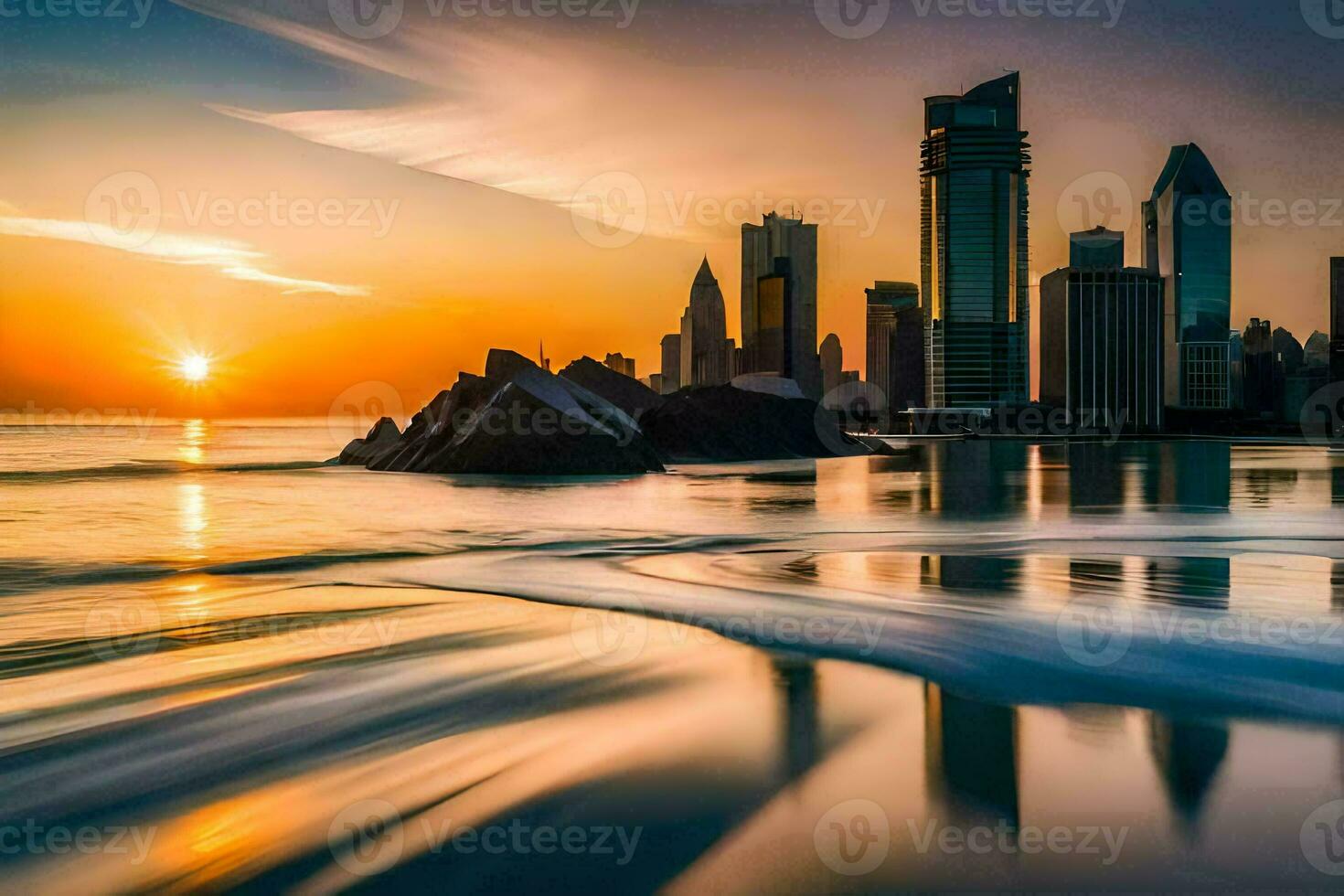 the sun sets over the city skyline in dubai. AI-Generated photo