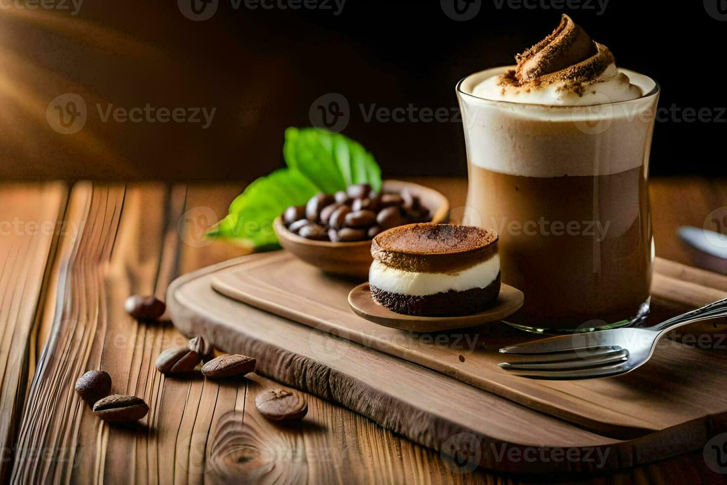 coffee and chocolate on a wooden table. AI-Generated photo