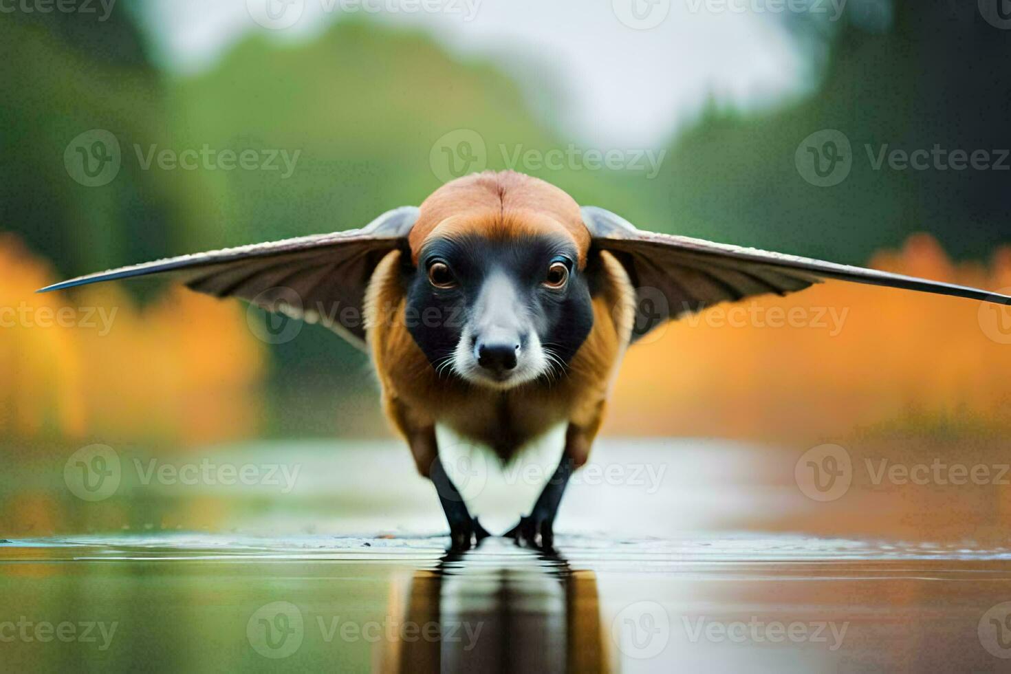 a dog with wings standing in water. AI-Generated photo