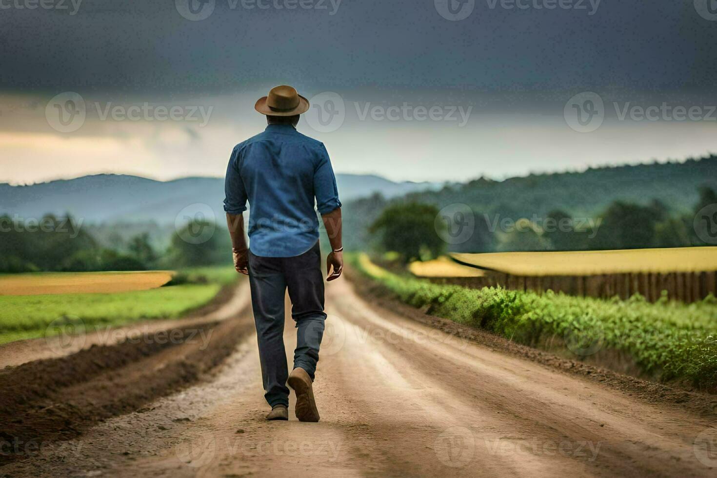 a man in a hat walks down a dirt road. AI-Generated photo