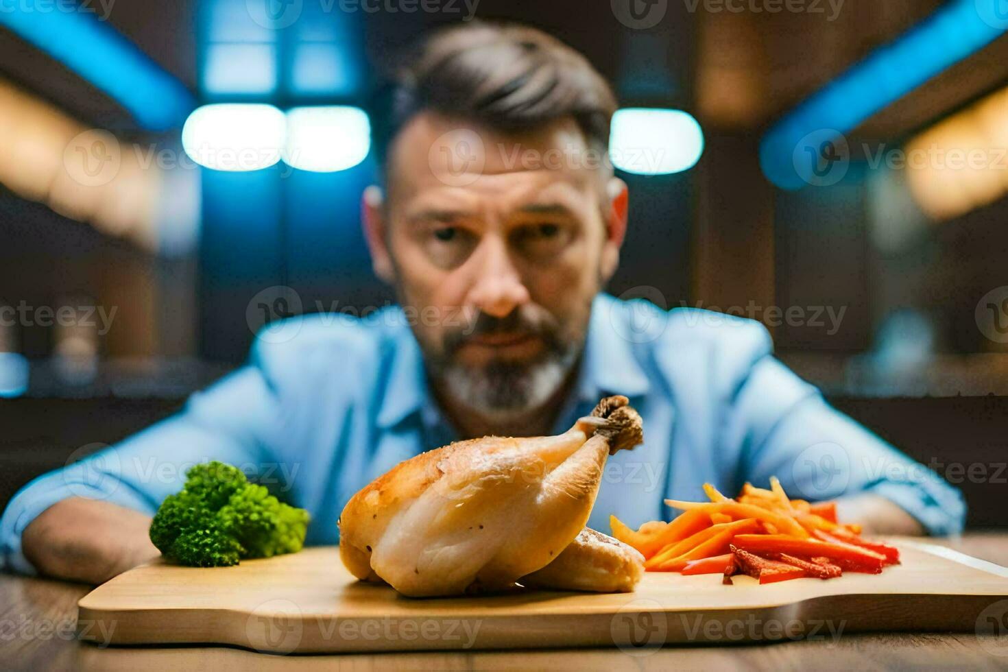 a man is sitting at a table with a chicken and vegetables. AI-Generated photo