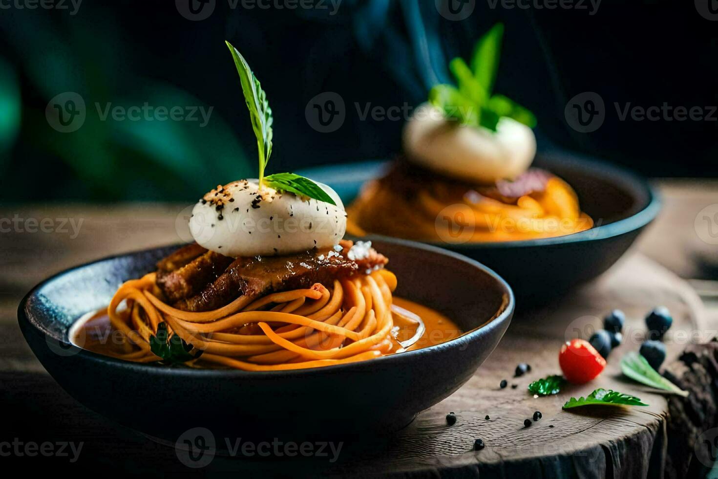spaghetti with meatballs and mozzarella on a wooden table. AI-Generated photo