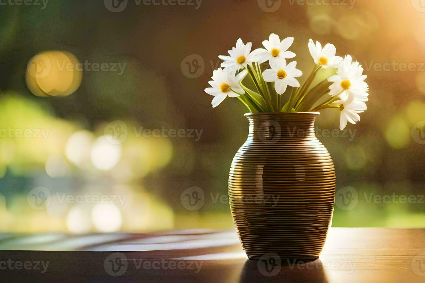 a vase with white flowers on a table. AI-Generated photo