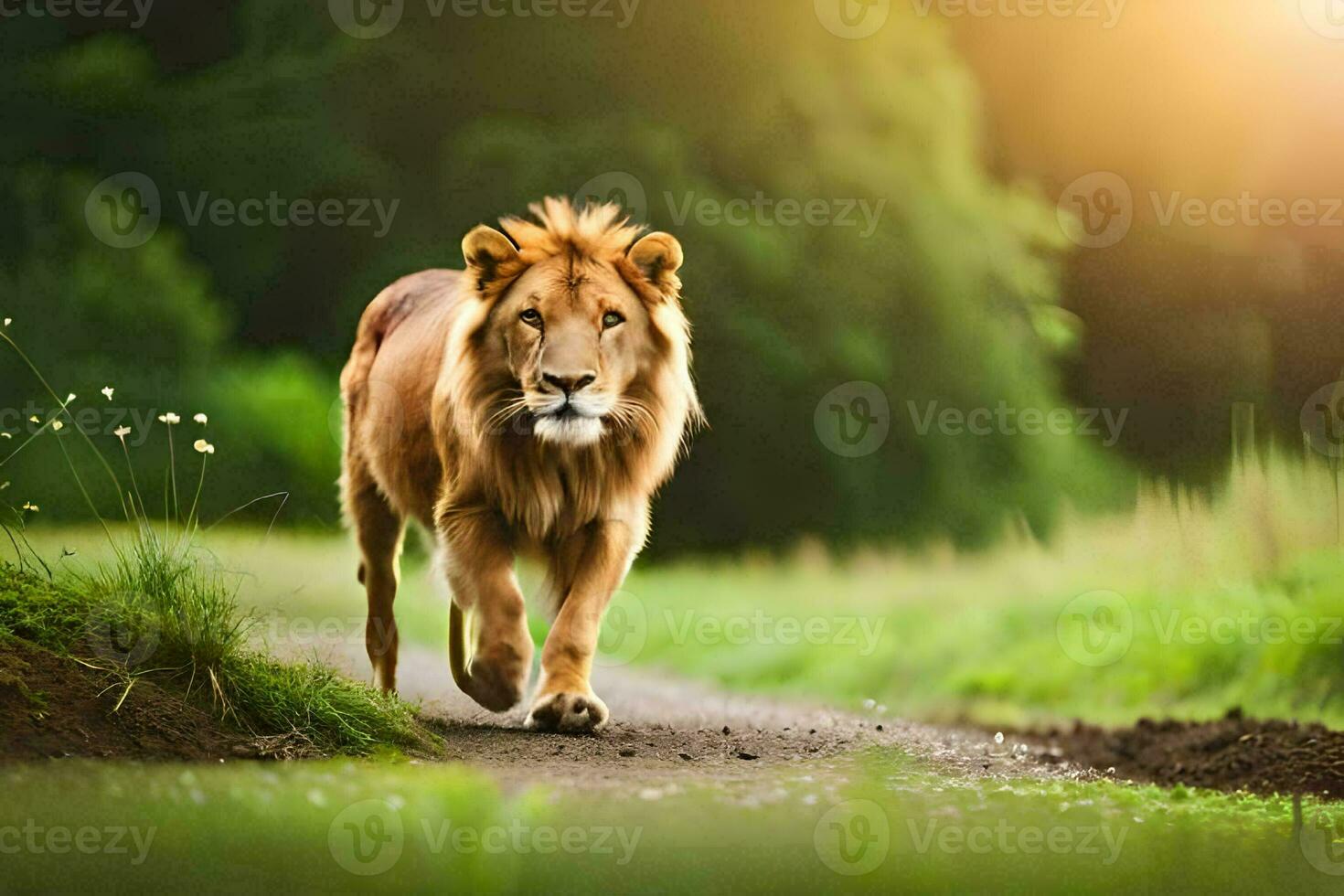 a lion walking on a path in the grass. AI-Generated photo