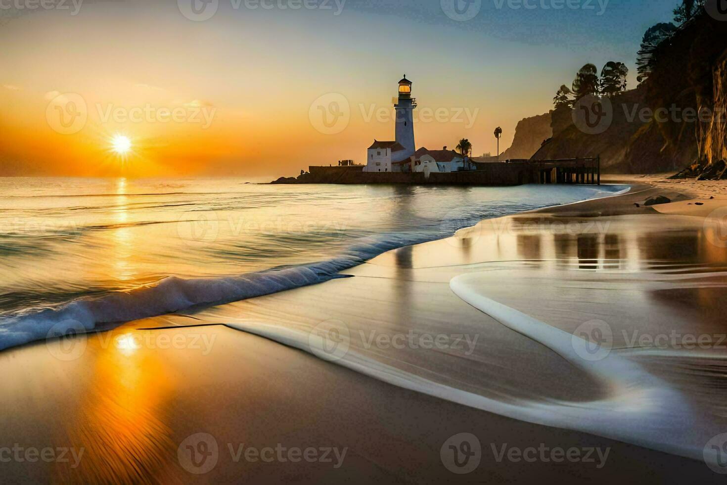 the sun sets over a lighthouse on the beach. AI-Generated photo