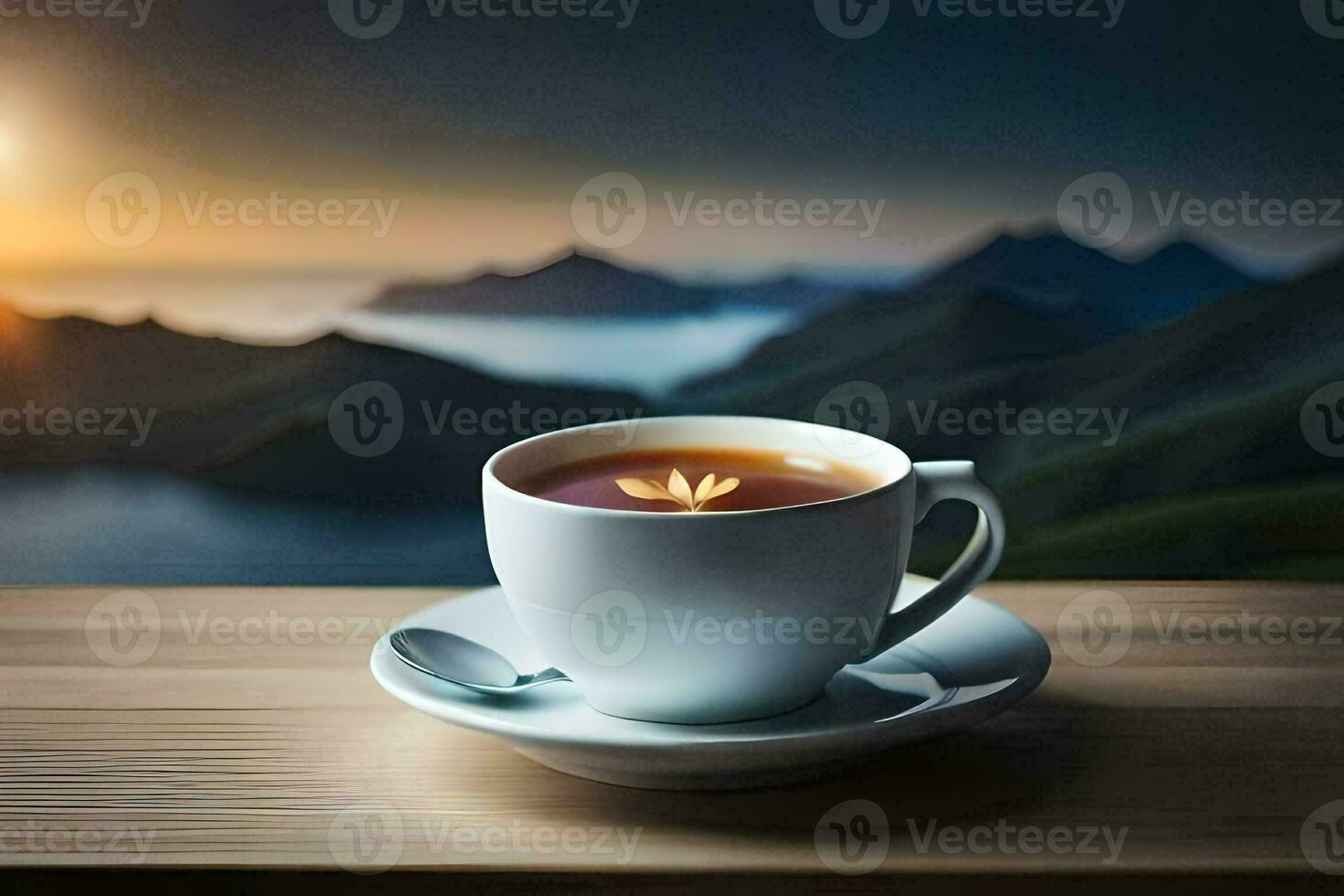 a cup of tea on a wooden table with a view of the mountains. AI-Generated photo