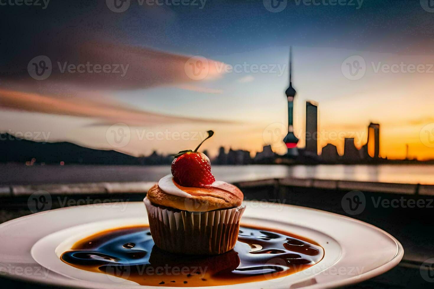 a cupcake with a cherry on top and a view of the city skyline. AI-Generated photo