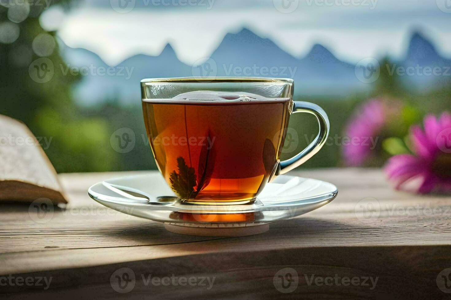 un taza de té en un mesa con montañas en el antecedentes. generado por ai foto