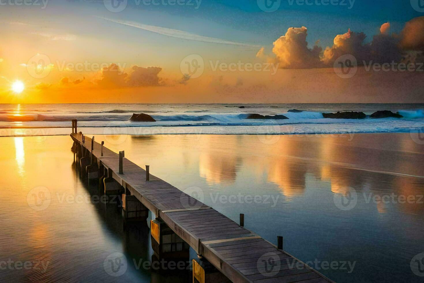 un muelle en el playa a puesta de sol. generado por ai foto