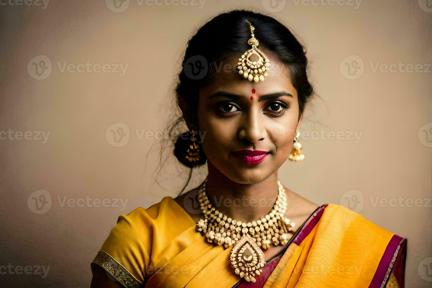 a beautiful indian woman wearing a yellow sari. AI-Generated photo